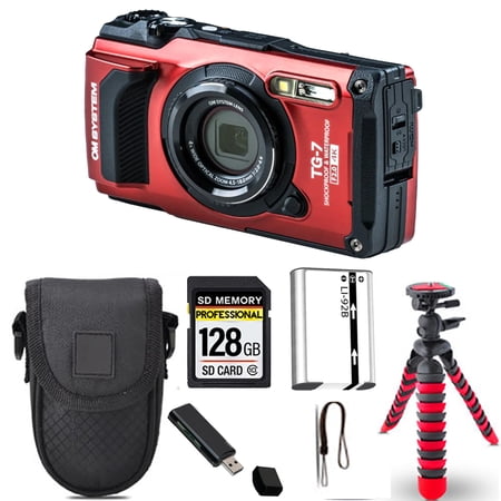 Olympus OM SYSTEM Tough TG-7 Digital Camera (Red)+ Spider Tripod + Case - 128GB Kit (International Version)