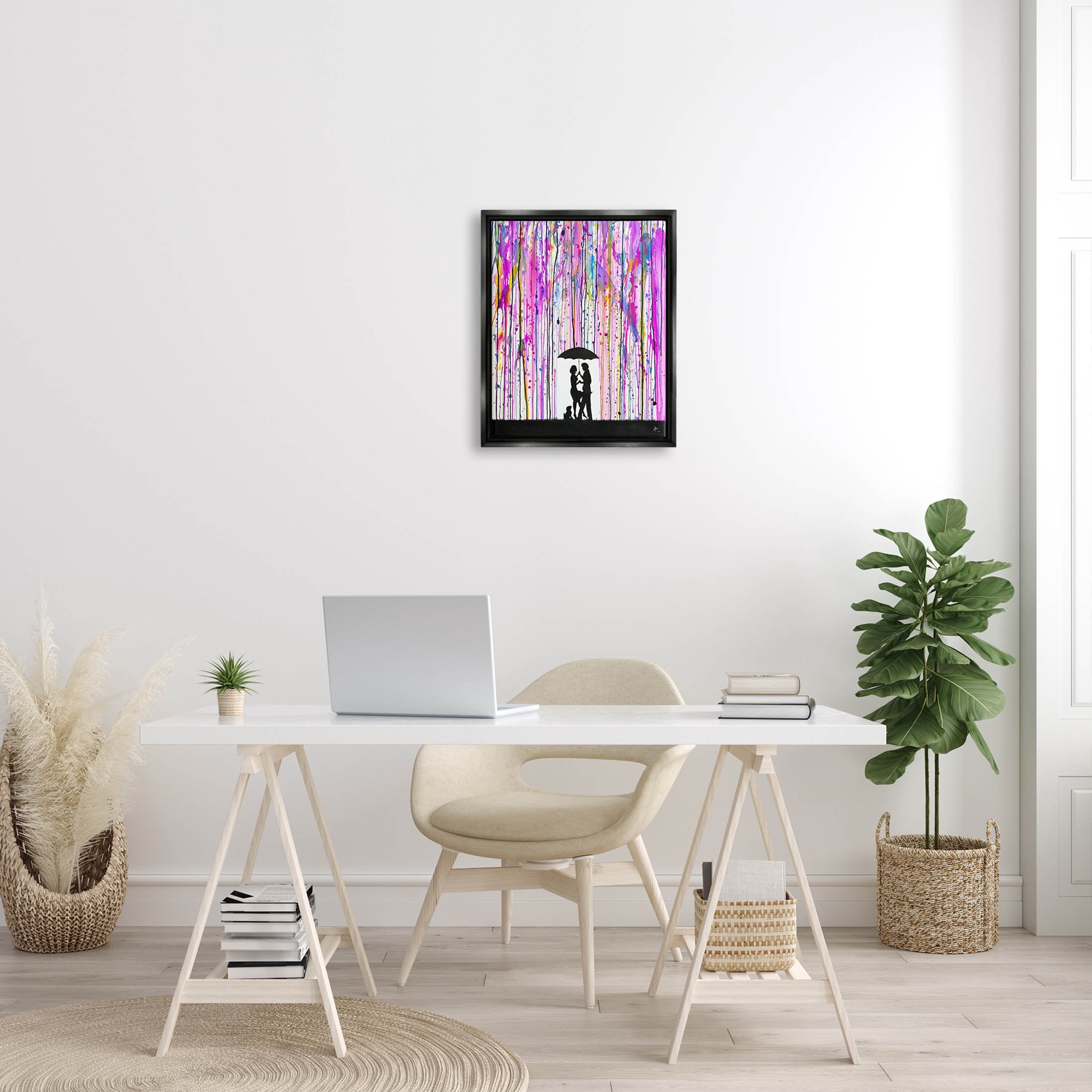 Bold Purple Rainfall Family Silhouette Abstract Graphic Art Jet Black Framed Art Print Wall Art