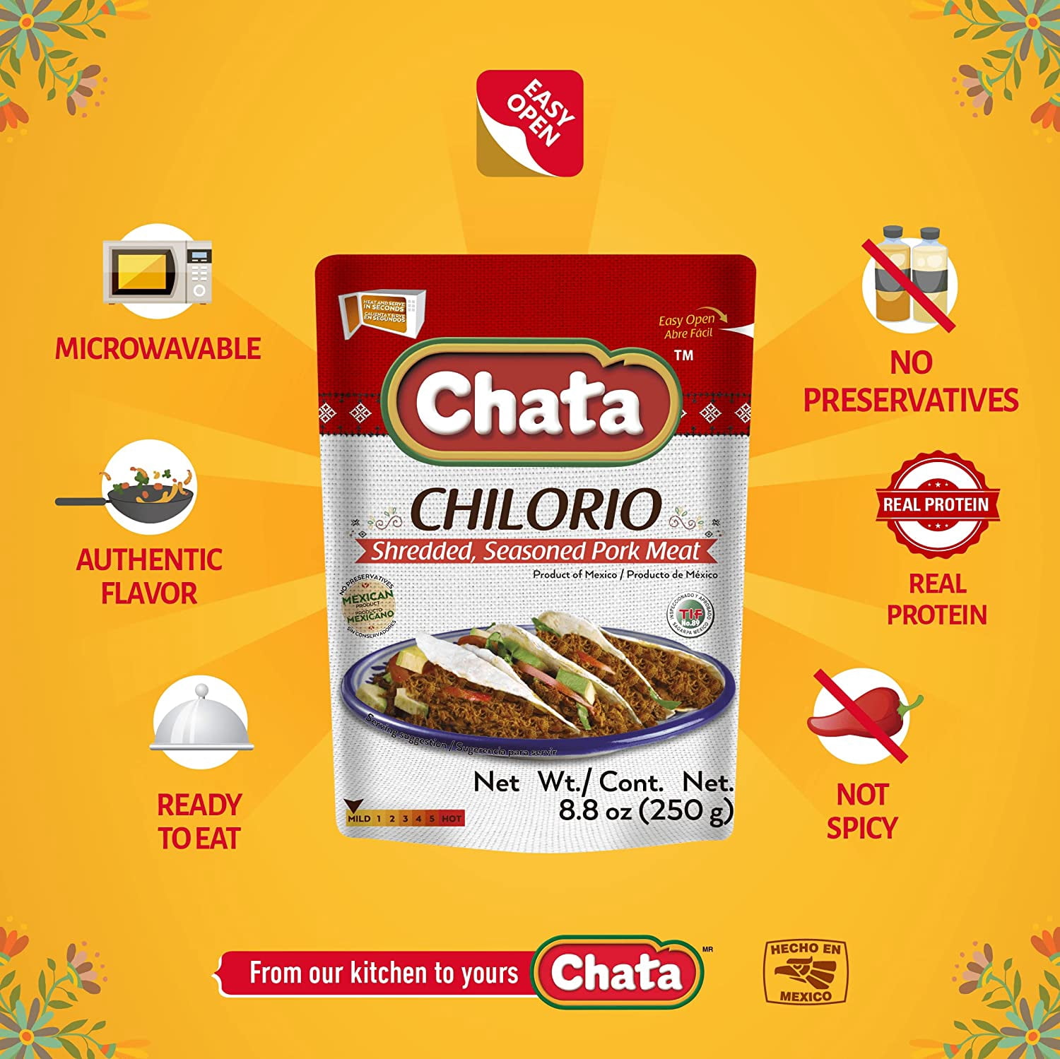Chata Pork Chilorio Pouch | Shredded, Seasoned Pork Meat | Ready-to-Eat | No Preservatives | 8.8 Ounce (Pack of 12)