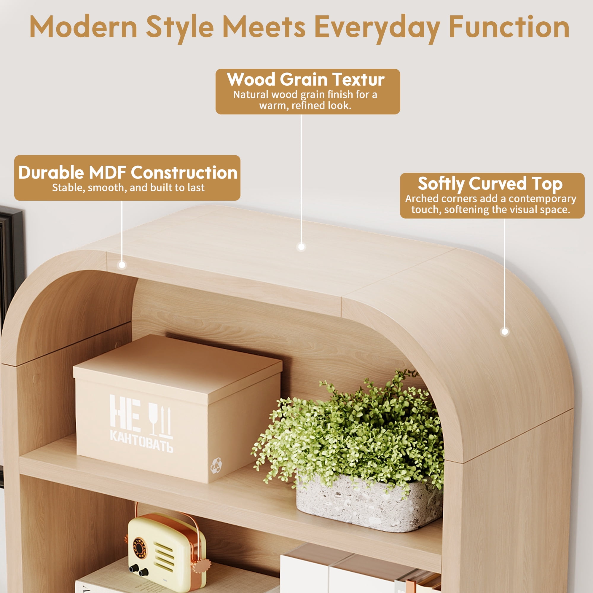 YOCWO 70" Tall Arched Bookcases with 1 Large Drawers & 4 Shelves, Wooden Bookshelf with Carved Line and Curved Top for Living Room Office, Natural