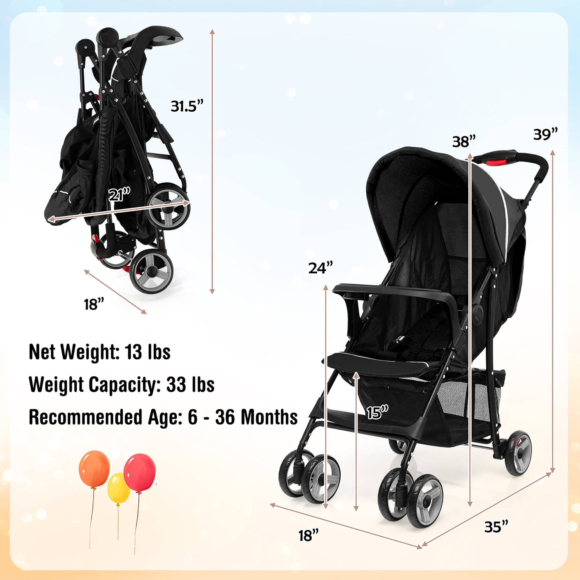 Costway Foldable Lightweight Baby Stroller Kids Travel Pushchair 5 Point Safety System Black