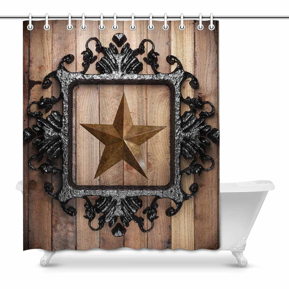 Vintage Texas Star Western Style Shower Curtain & Hooks Bathroom Accessory Sets 