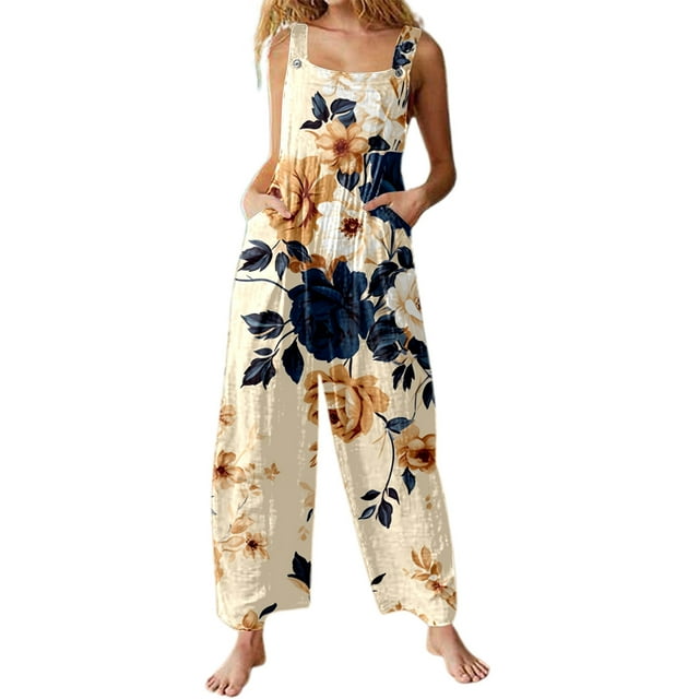 TrendOFT Combinaison Décontractée d'Été pour Femmes, Imprimé Floral Tendance, Col Carré, Poches, une Pièce, Jaune Clair m