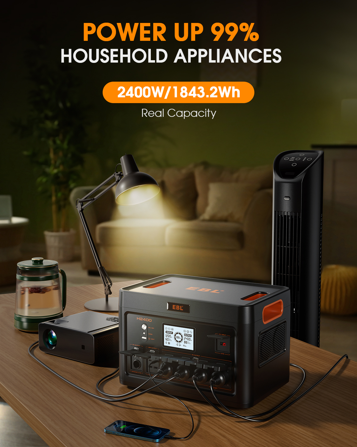 EBL 2400W Portable Power Station, 1843.2Wh Solar Generator LiFePO4 Batteries (4800W Surge) AC Output for Outdoor Camping RV Home Emergency