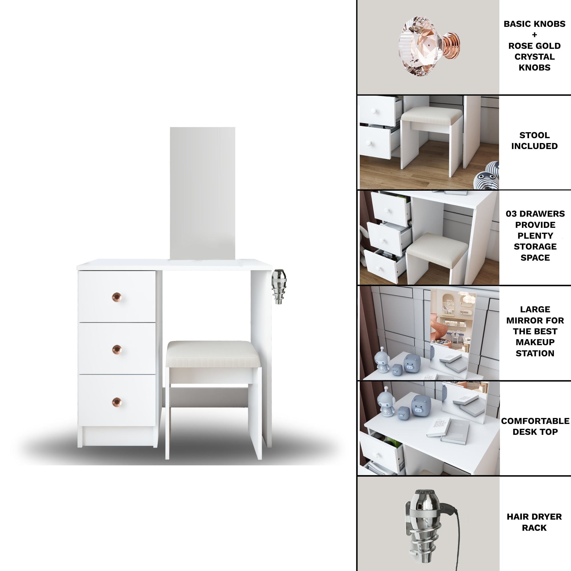 Ember Interiors Small Kids Vanity Makeup Desk Set with Chair, Mirror,Rose Gold Crystal Knobs, White