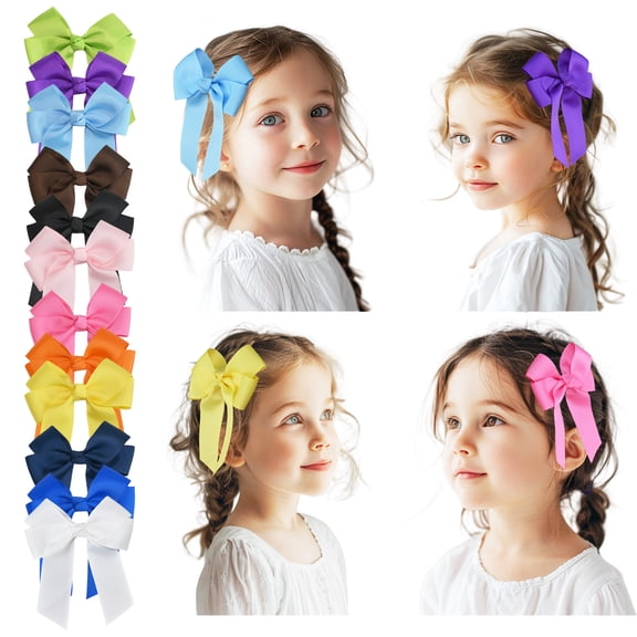 JoyBowie 12 Pcs 4.3 Inch Tail Bow Hair Clips, Assorted Color Grosgrain Ribbon Hair Accessories for Girls