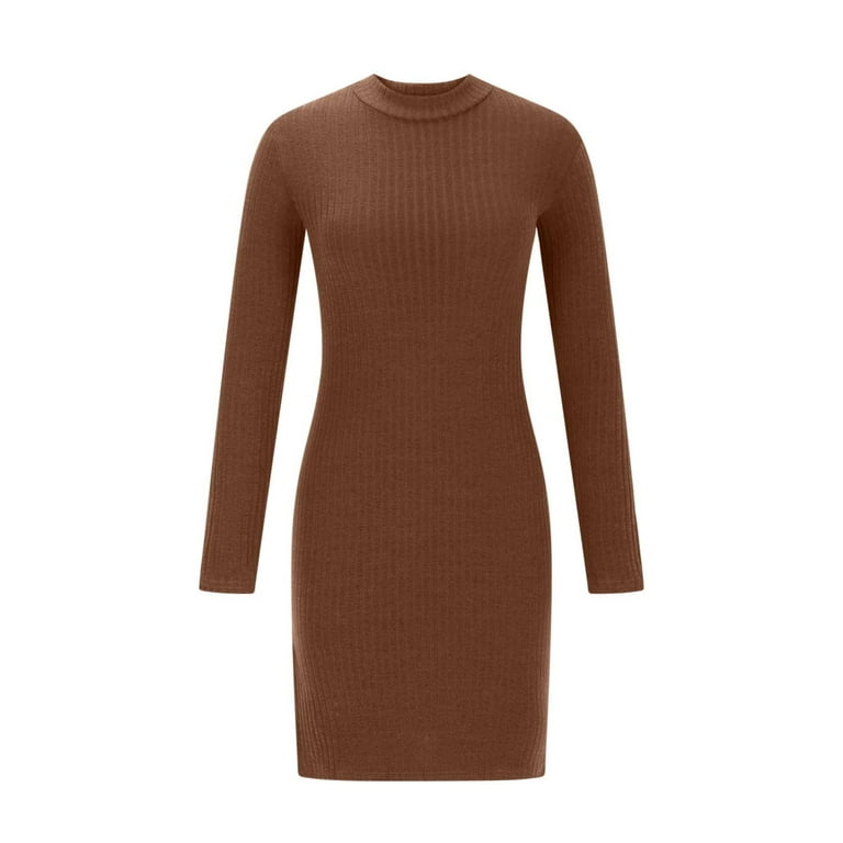 Yutk Modest Dresses for Women,Ladies' Solid Color Round Neck Side Slit Elegant Dress Brown M, Women's, Size: Medium