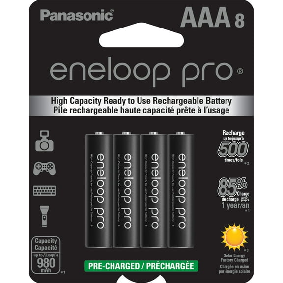 Panasonic Eneloop Pro BK-4HCCA8BA Pre-Charged Nickel Metal Hydride AAA High-Capacity Rechargeable Batteries, 8-Battery Pack