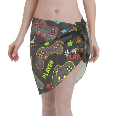 Adobk Women Beach Sarong Bathing Suit Play Game3 Print Wrap Skirt Sheer Bikini Swimsuit Cover Ups For Swimwear