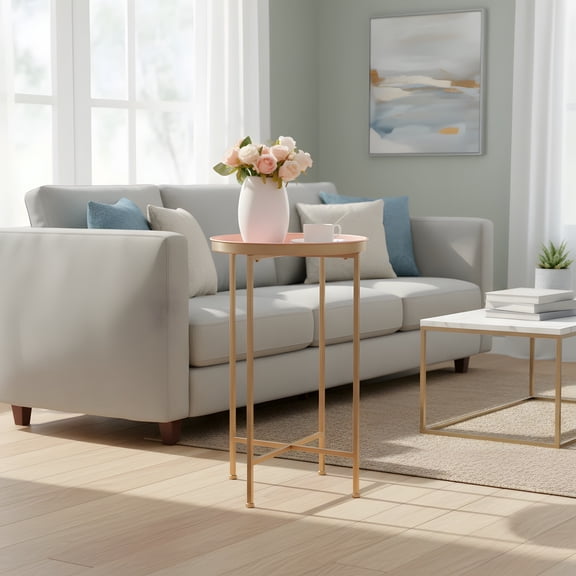 Round Metal End Table - Indoor/Outdoor Accent Table - Gold & Pink