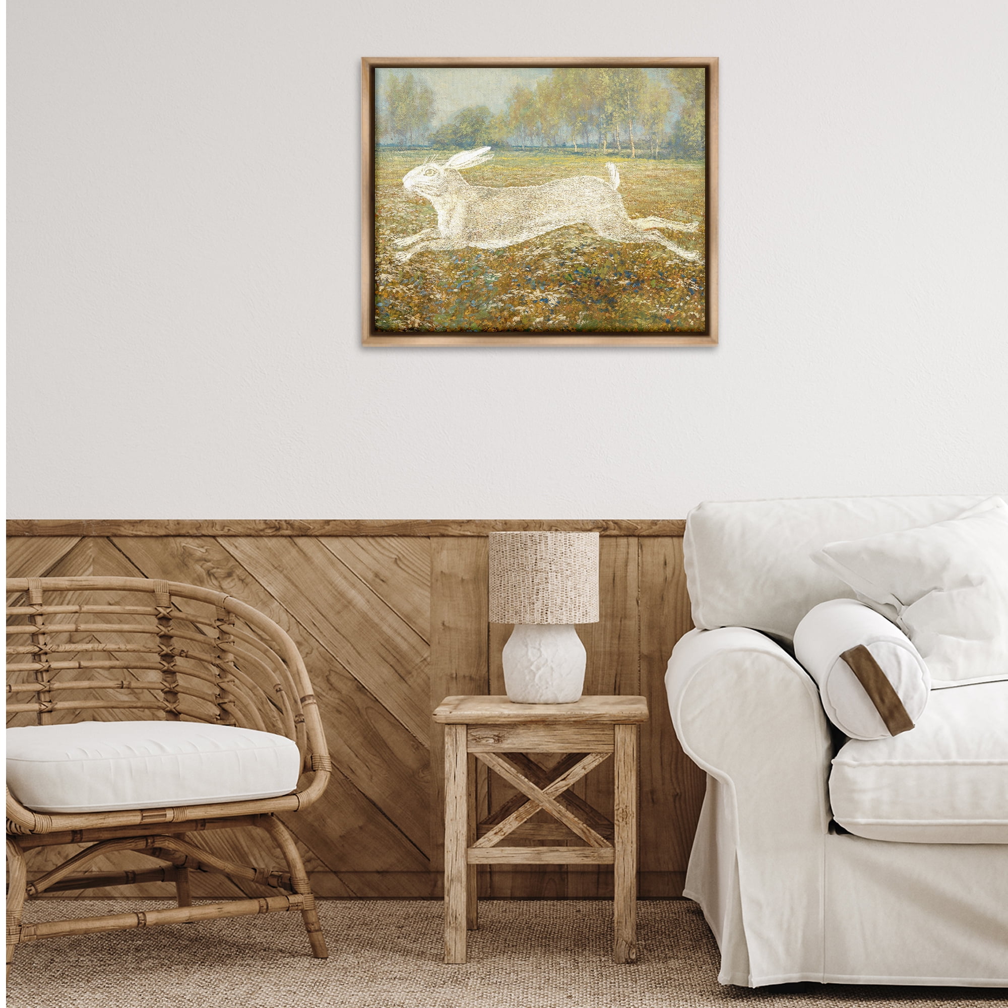 Stupell Industries Impressionist Jumping Hare Landscape & Nature Painting Brown Floater Framed Canvas Art Print Wall Art, 31 x 25