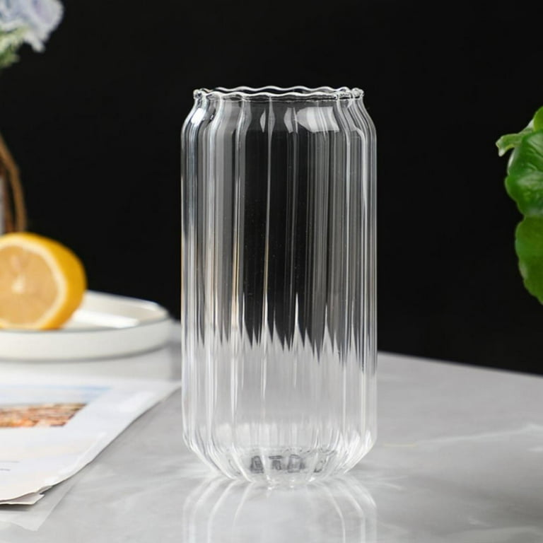Ribbed Glass Cup, Clear Glass Water Cup, Cute Origami Style Iced