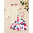 thumbnail image 5 of Musuos Baby Girl Sweet Fall Outfits 3 6 12 18Months Plain Long Sleeve Romper Floral/Strawberry Print Suspender Skirt Headband 3Pcs Clothes Set, 5 of 10