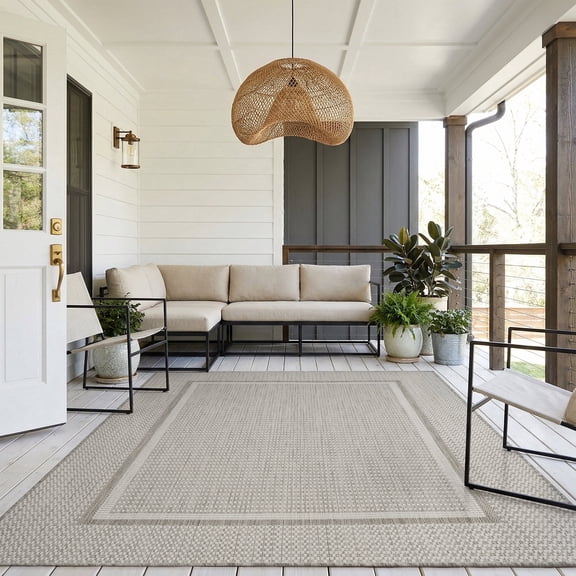 SIXHOME Outdoor Rugs 5'x7' Patio Rug Modern Bordered Indoor Outdoor Rugs Polypropylene Washable Non Shedding, Easy Clean, Waterproof, Durable Outdoor Carpet for Porch Balcony Deck Neutral Gray