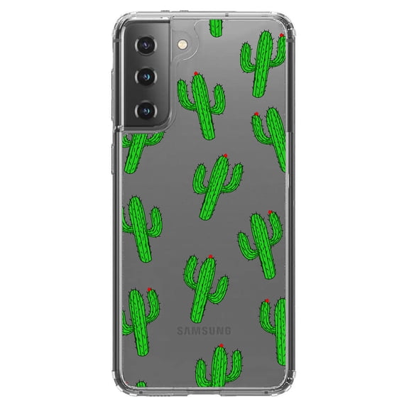 DistinctInk Clear Shockproof Hybrid Case for Galaxy S21  PLUS 5G (6.7" Screen) - TPU Bumper, Acrylic Back, Tempered Glass Screen Protector - Repeating Cartoon Cactus