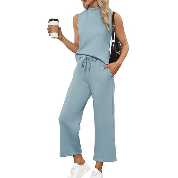 Snorda 2 Piece Outfits for Women Sleeveless Crop Tops and Elastci Waist Wide Leg Pants Summer Ladies Casual Stretchy Look Set Everyday Outing Vacation Wear