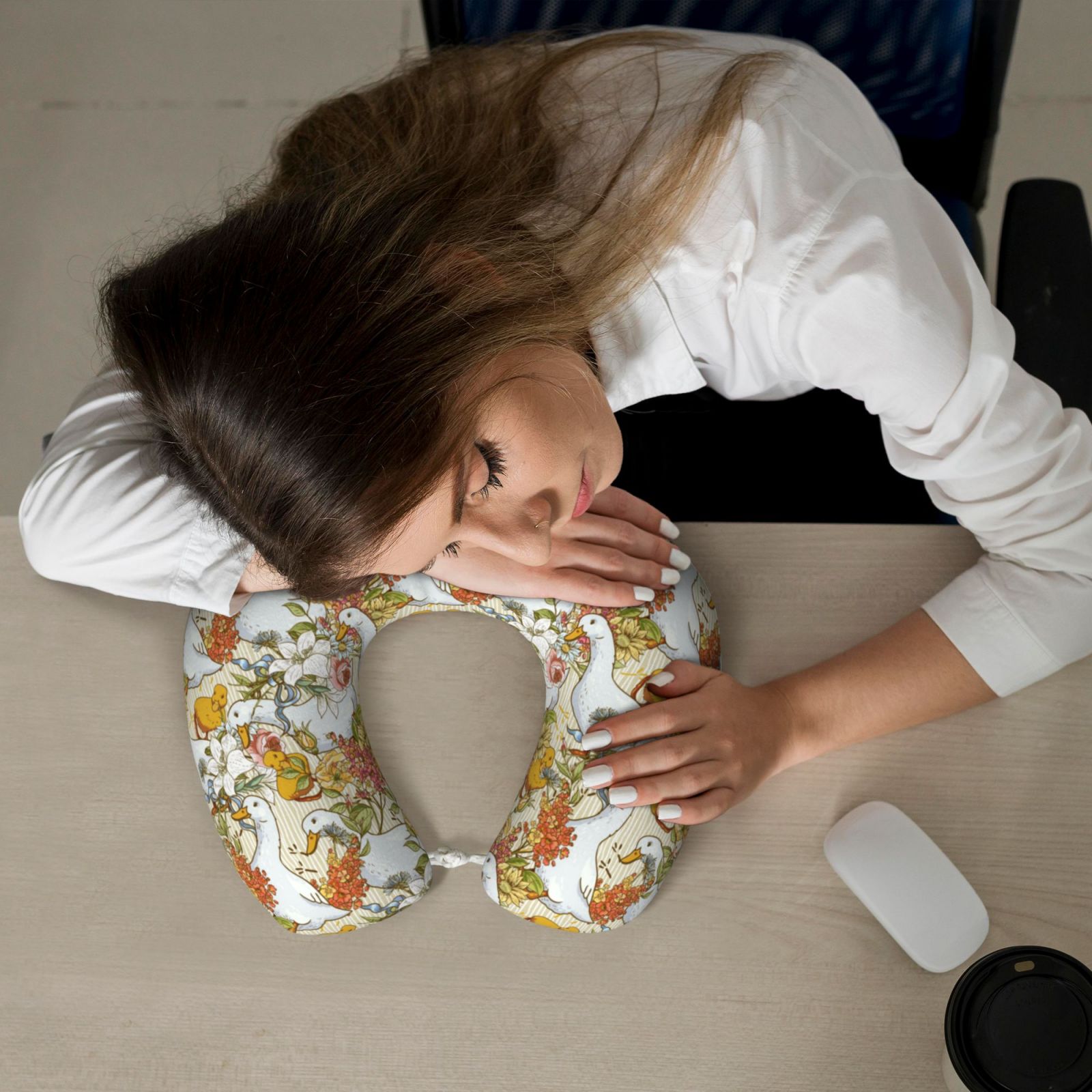 Xecao Ducks and Flowers Print Memory Foam Cervical Neck Pillow Versatile U-Shaped Pillows for Home,Office,Camping,Travelling,Soft Washable Cover