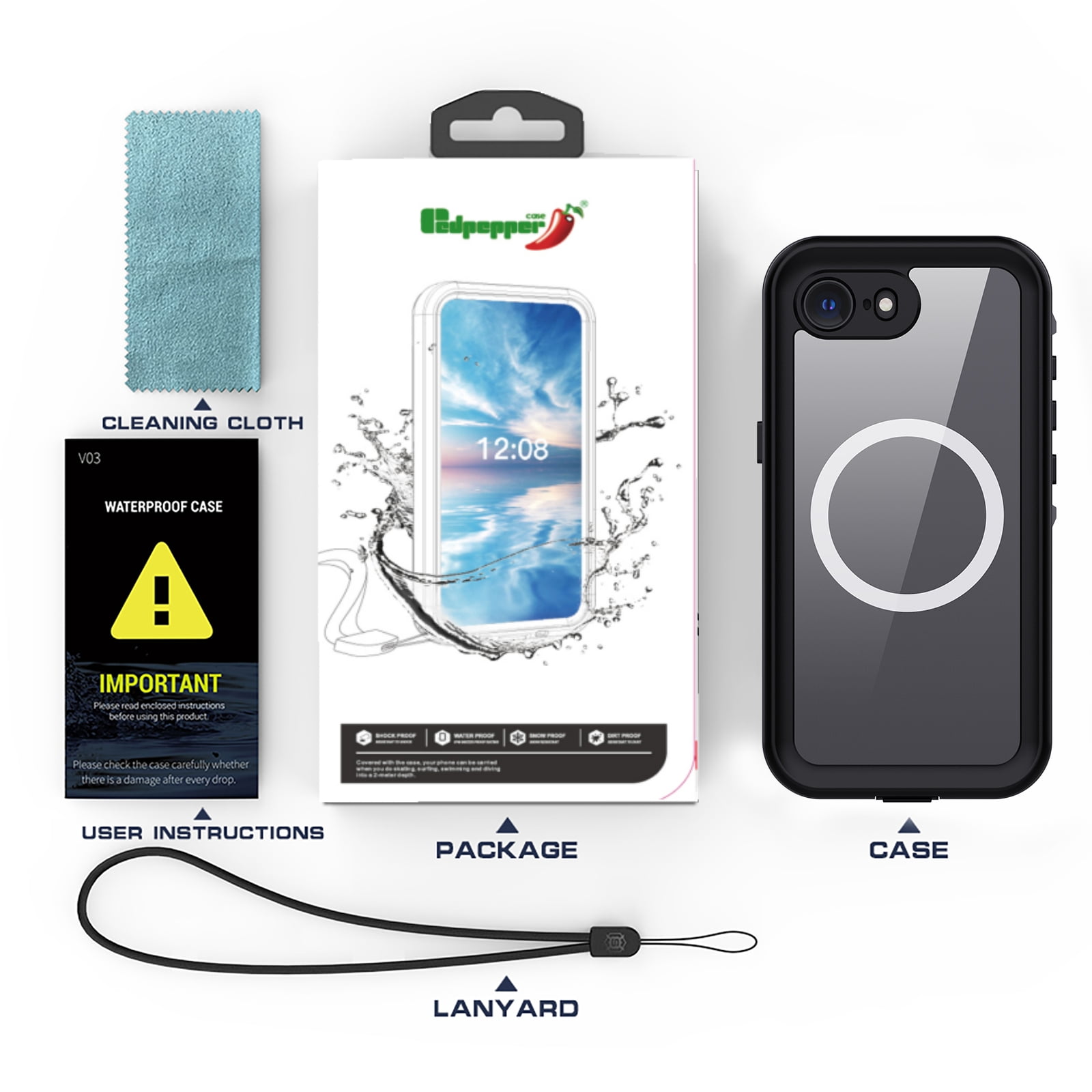 Dteck for iPhone 16e Waterproof Case, Shockproof Dustproof Case with Built-in Clear Screen Protector, Full Body Heavy Duty Sealed Protective Cover for iPhone 16e 6.1" 2025,Black