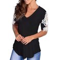 thumbnail image 3 of Blusa de manga corta con costuras de encaje, cuello en V, camisa clásica de color puro, verano para mujer, mujer, negro, M, 3 of 6