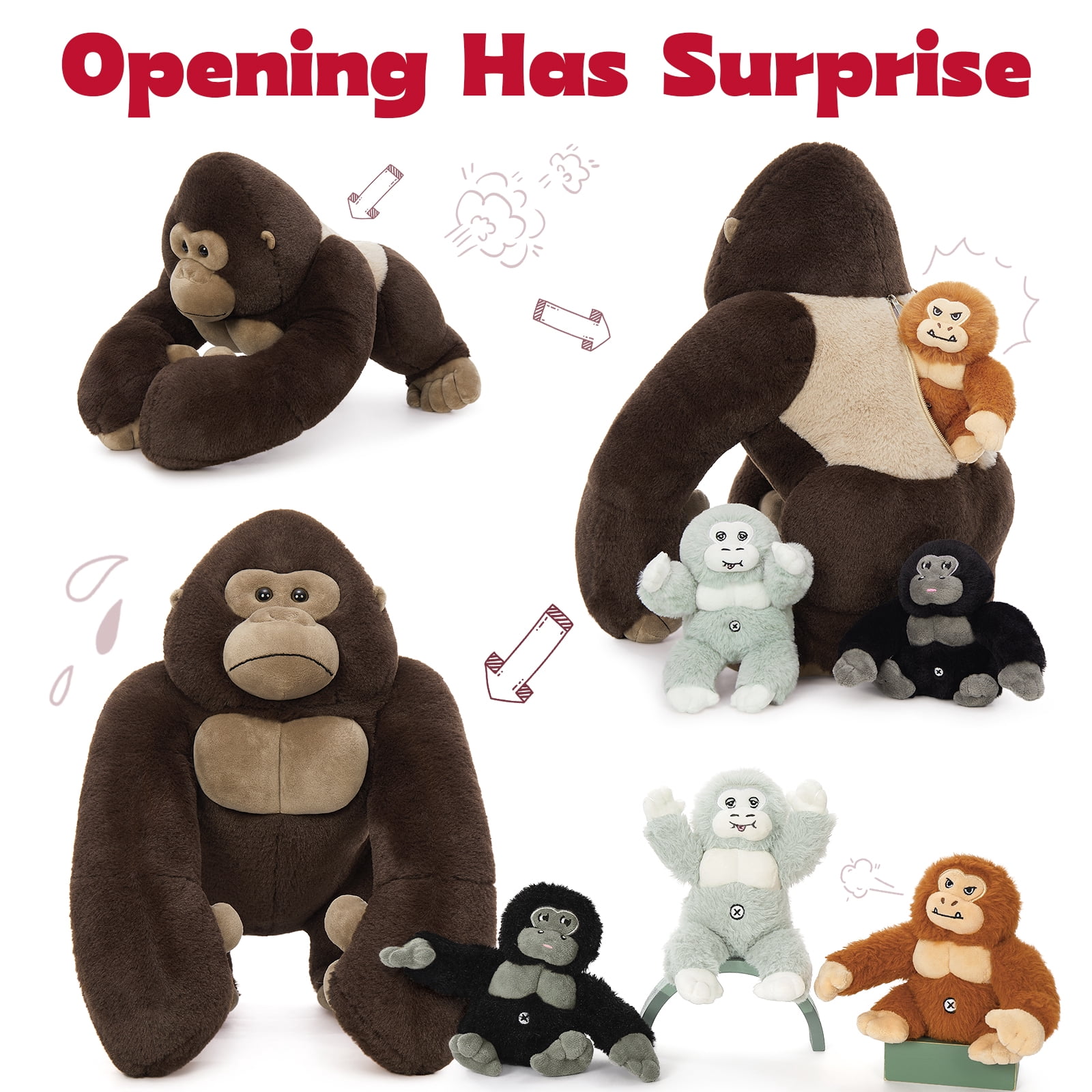 MorisMos 19.6" Gorillas Stuffed Animal Mommy Gorillas with 3 Baby Plush Toys
