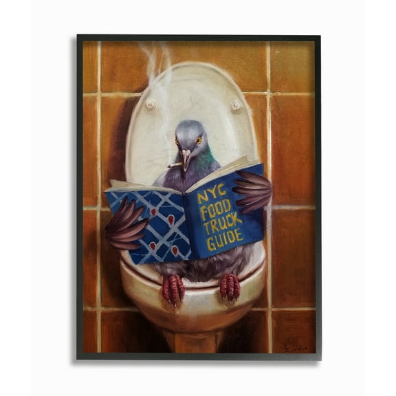 The Stupell Home Decor Pigeon Smoking on the Toilet Reading Funny Framed Texturized Art Design By Lucia Heffernan