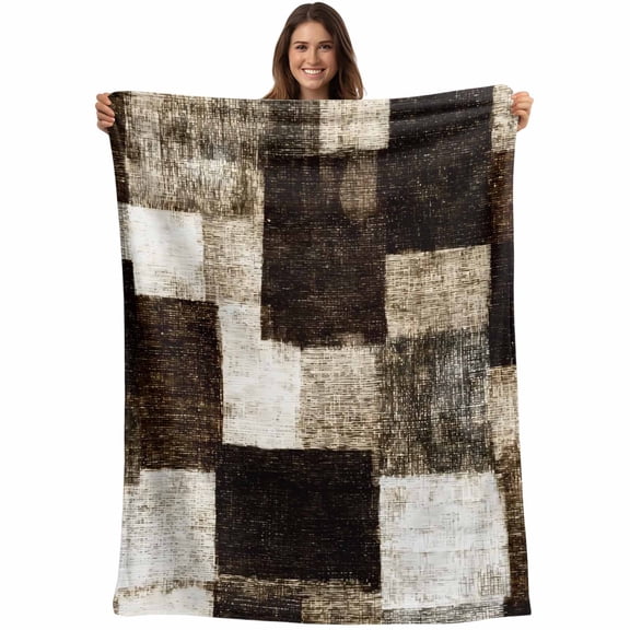 Throw Blanket Brown Blocks Blankets and Throws, Modern Abstract Patchwork Blanket for Couch Bed Sofa Chair, Soft Cozy Warm Flannel Fleece Blankets for All Season Home Decor 50x60 Inch