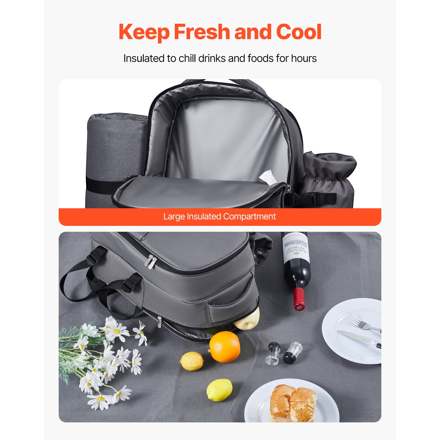 KFFKFF Picnic Backpack with Insulated Cooler, 2-Person Bag Featuring Detachable Bottle Holder, Lightweight Blanket, Plates, and Cutlery Set for Outdoor Activities, Grey