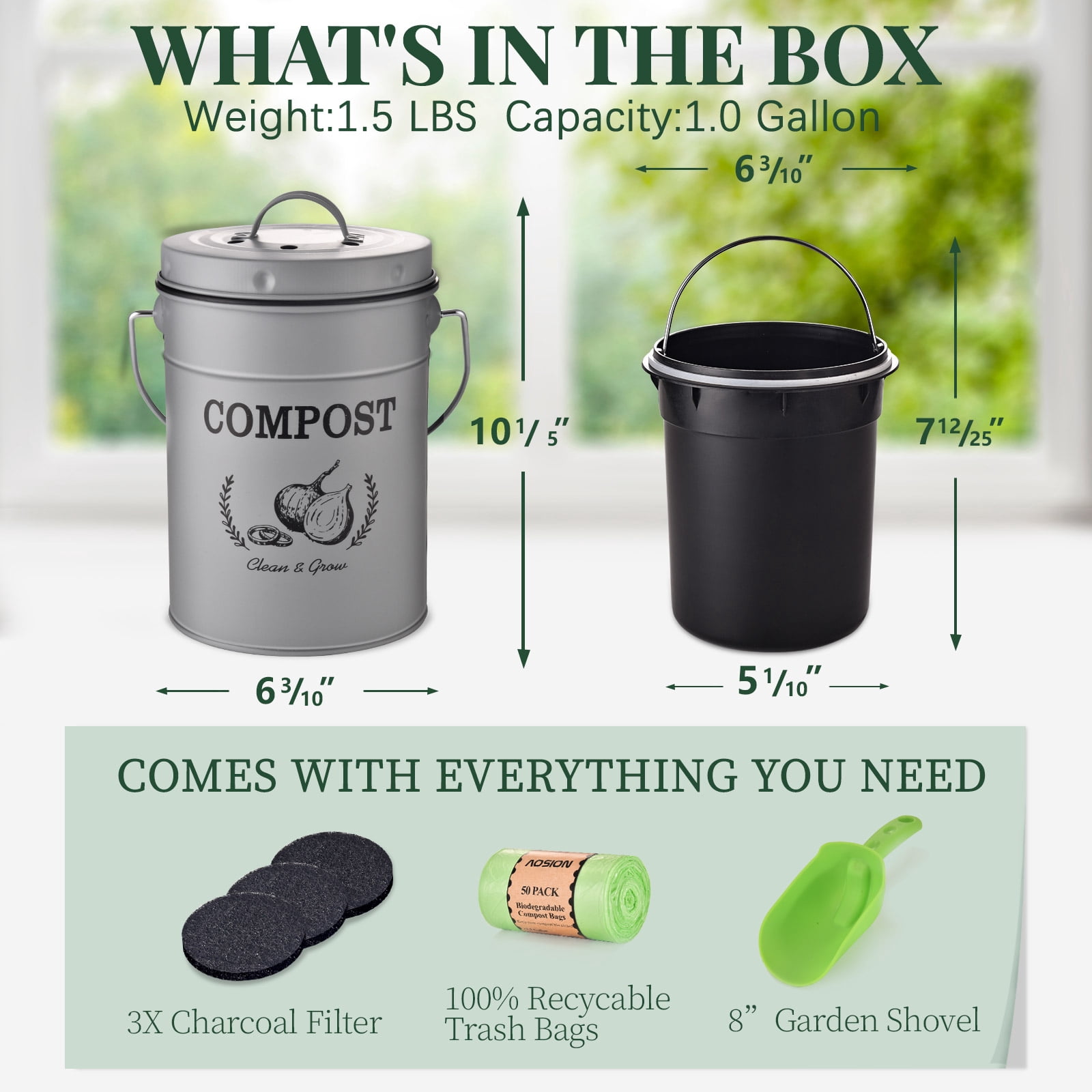 ARC USA Clean & Grow 1 Gallon Grey Plastic Kitchen Compost Bin