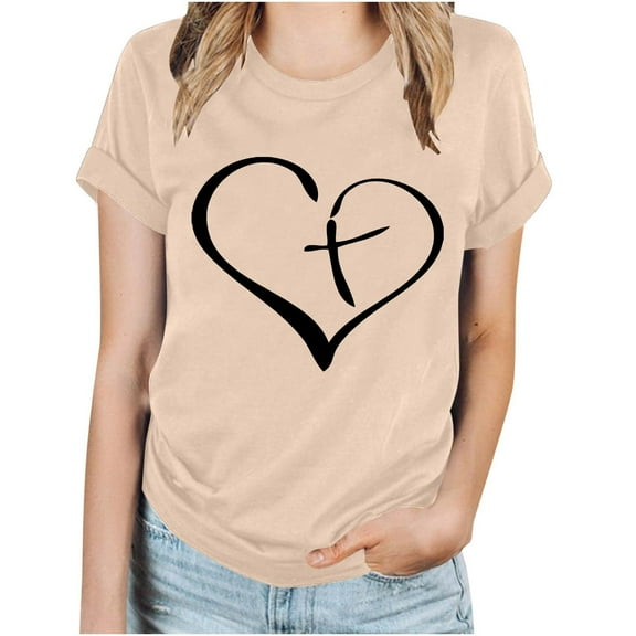 WREESH Women's Fashion Round Neck Blouse Short Sleeve Blouse with Graphic Print Beige