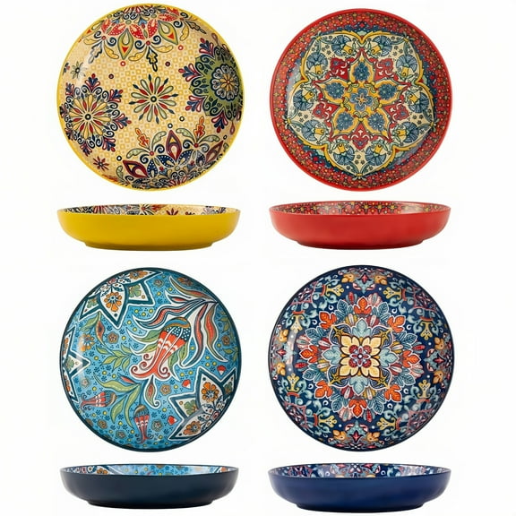 TAUFIKT 4pcs Serving Dinner Set, 8-inch Pasta Plates, Bohemian Decorative Plate