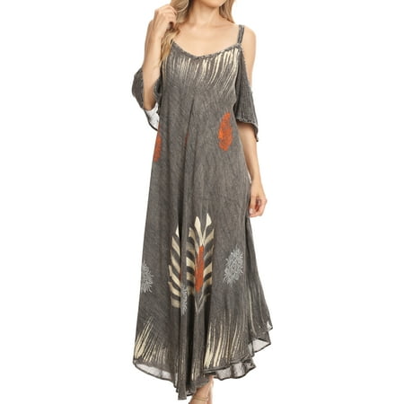 Stone Dress Clip - Sakkas Renata Women's Cold Shoulder Maxi Caftan Dress Sundress Flare Stonewashed - Black - One Size Regular