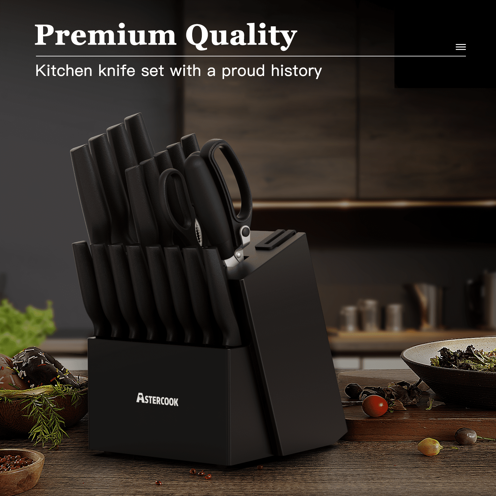 Astercook 20 Pieces Knife Set, Kitchen Knives Set with Built-in Sharpener,  Healthy Anti-Rust Coating & German Stainless Steel Knife Block Sets, Dishwasher Safe Black