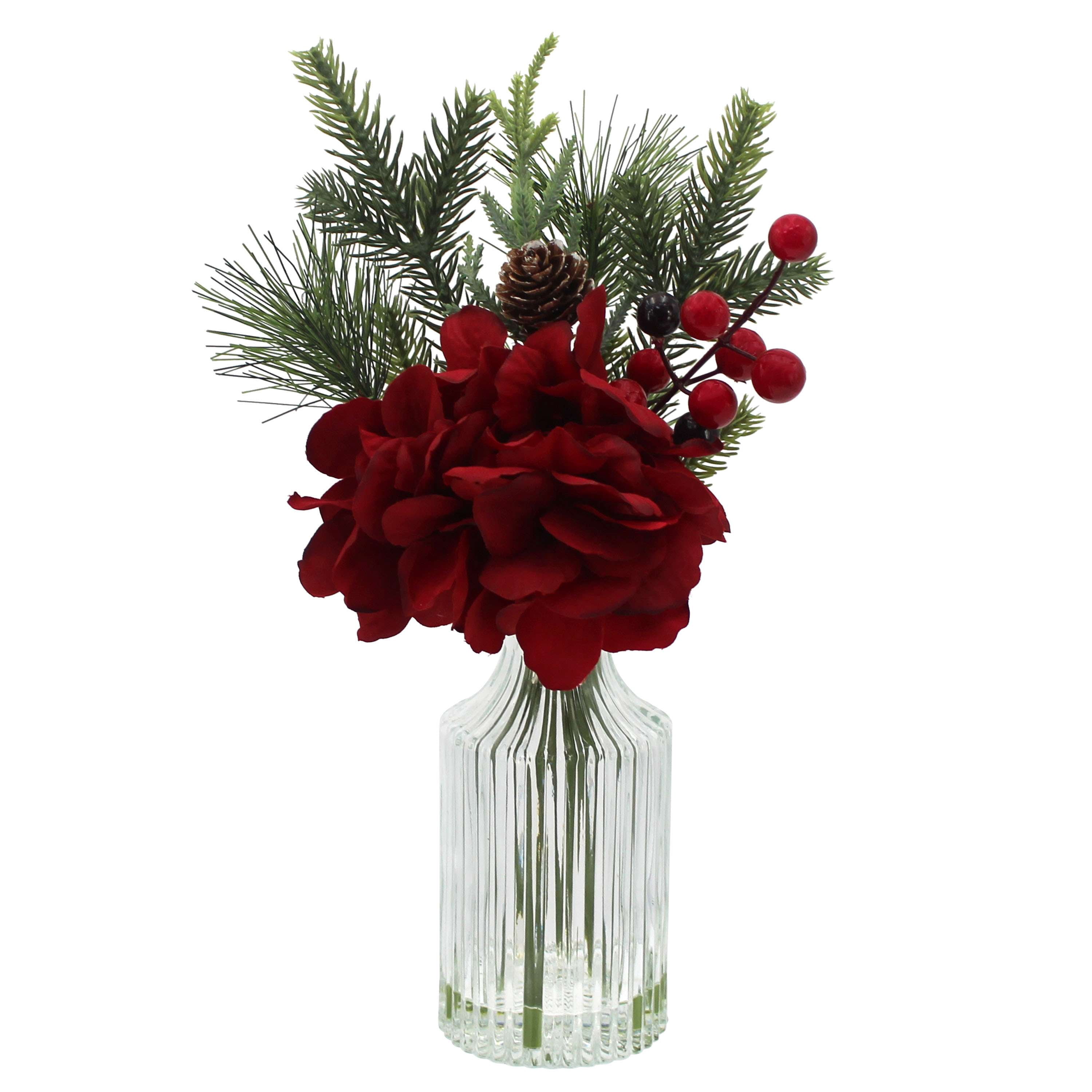 Mainstays 11.5" Decorative Tabletop Artificial Christmas Red Floral Hydrangea in Clear Ribbed Glass Vase