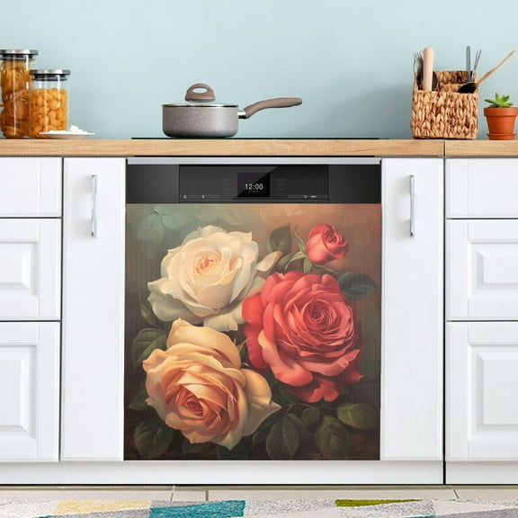 Dishwasher Magnet Cover Magnetic Fridge Door Cover Home Kitchen Decor Red Pink Cream Rose 23"x 26"