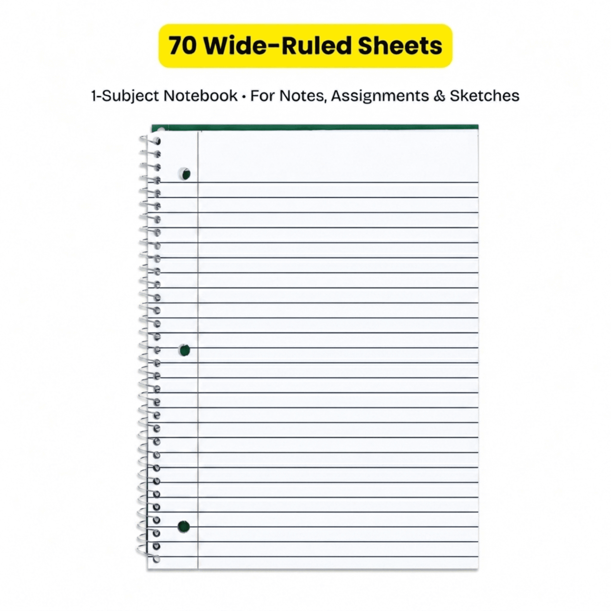 School Supply Boxes | (Green) Wide-Ruled 1 Subject Notebooks | 48 Pack | 10.5 IN x 8 IN (70 Sheets) Notebooks for School, Work & Office