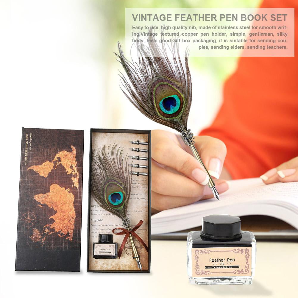 Retro Peafowl Feather Dip Pen Writing Ink Set Fountain Pens Stationery Gift 