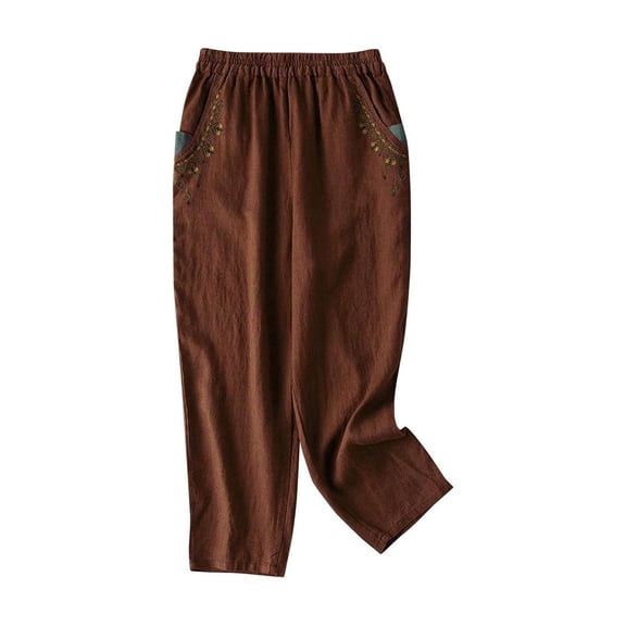 Ruimatai Women's Bohemian Casual Pants with Embroidered Floral Design Elastic Waist Linen-Like Comfortable Lounge Wear