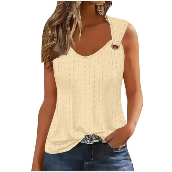 Annhoo Summer Womens Sleeveless Tank Tops Caual Loose Eyelet Round Neck Dressy Shirts Beach Embroidery Blouse Tees