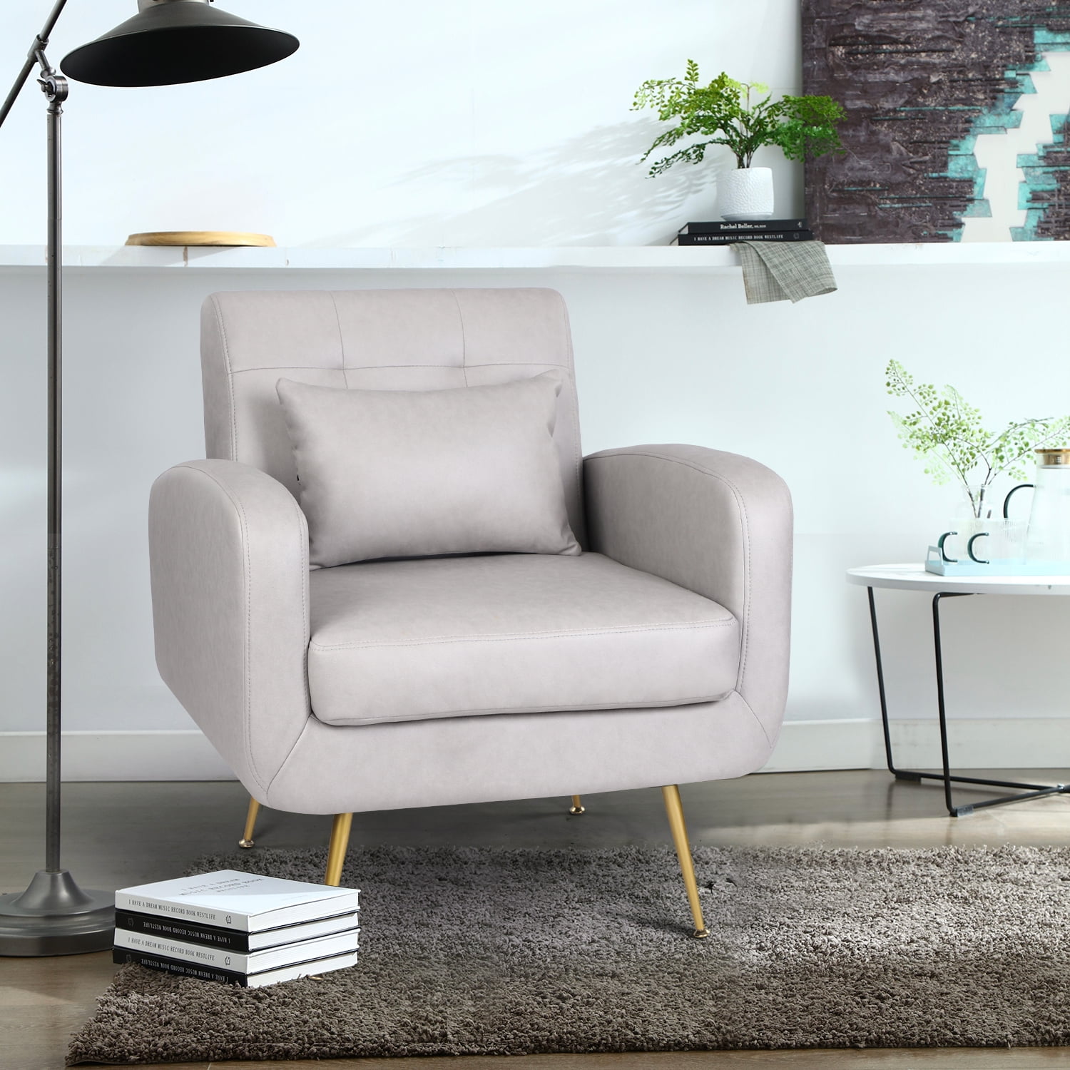 BOSMILLER Armchair, Comfy Upholstered Reading Chairs, Linen Fabric