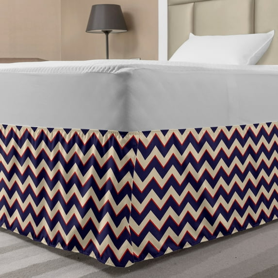 Navy Bed Skirt, Zigzag Striped Design in Modern Colors with Art Fashion Chevron Lines Pattern, Elastic Bedskirt Dust Ruffle Wrap Around for Bedding Decor, 4 Sizes, Purple Tan Red, by Ambesonne