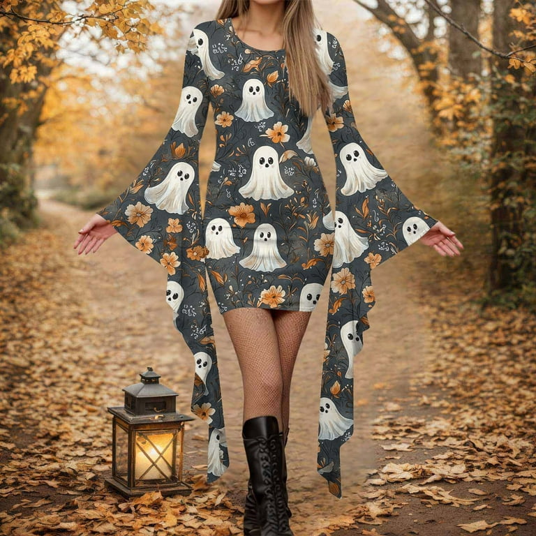 Women's Casual Halloween Dress Printed Casual Long Sleeve Round Neck  Pullover Patchwork Dress - Walmart.com