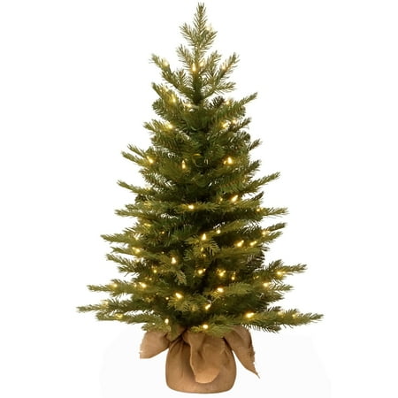 National Tree Pre-Lit 3' Feel-Real Nordic Spruce Small Artificial Christmas Tree in Burlap with 100 Clear