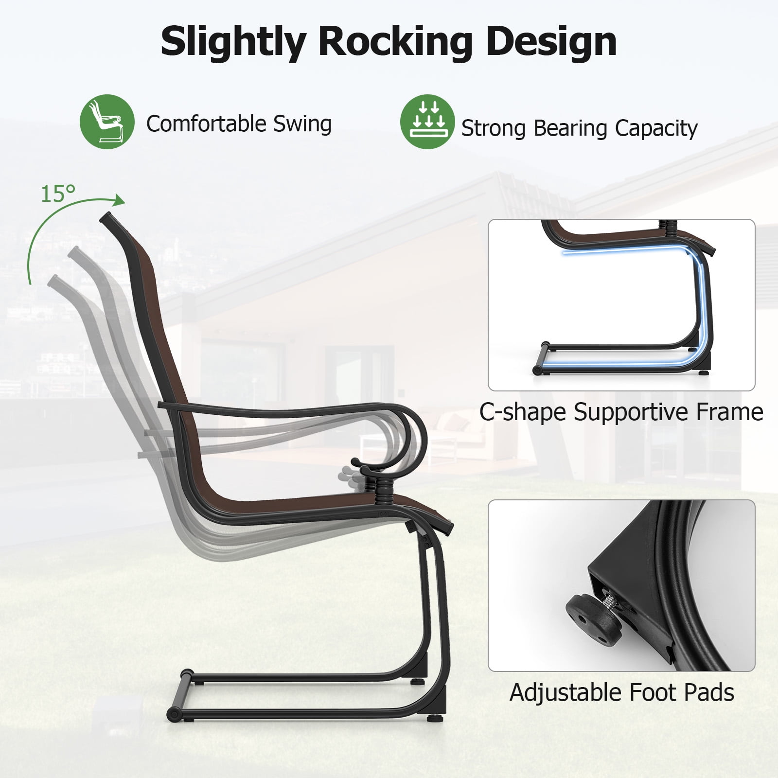 Gymax Patio Dining Chairs Set of 4 C-Spring Motion Patio Chairs w/ Metal Frame Brown & Black