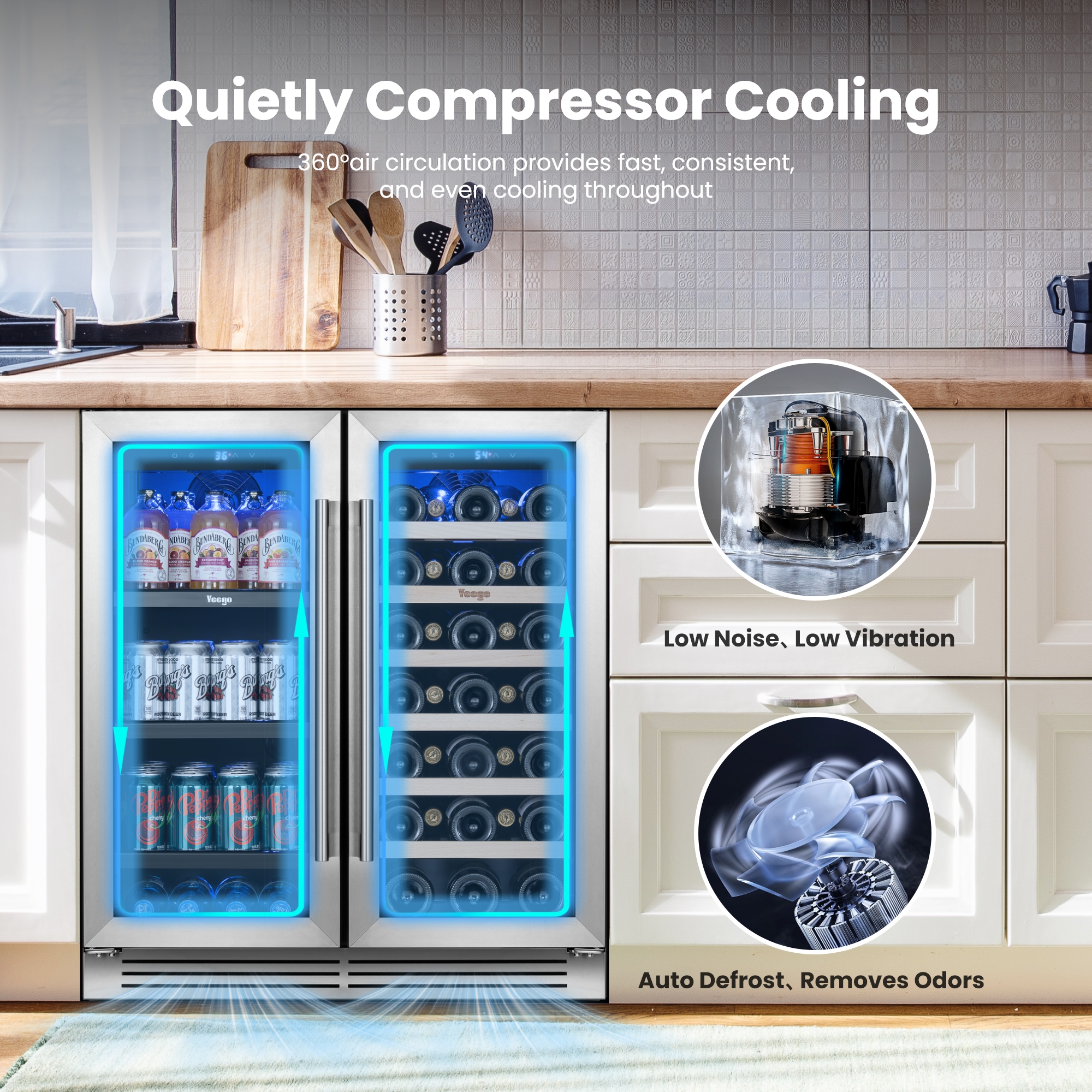 Yeego 30 inch Wine and Beverage Cooler Refrigerator, Hold 80 Cans and 33 Bottles Dual Zone Wine Fridge with French Door, Built-in or Freestanding