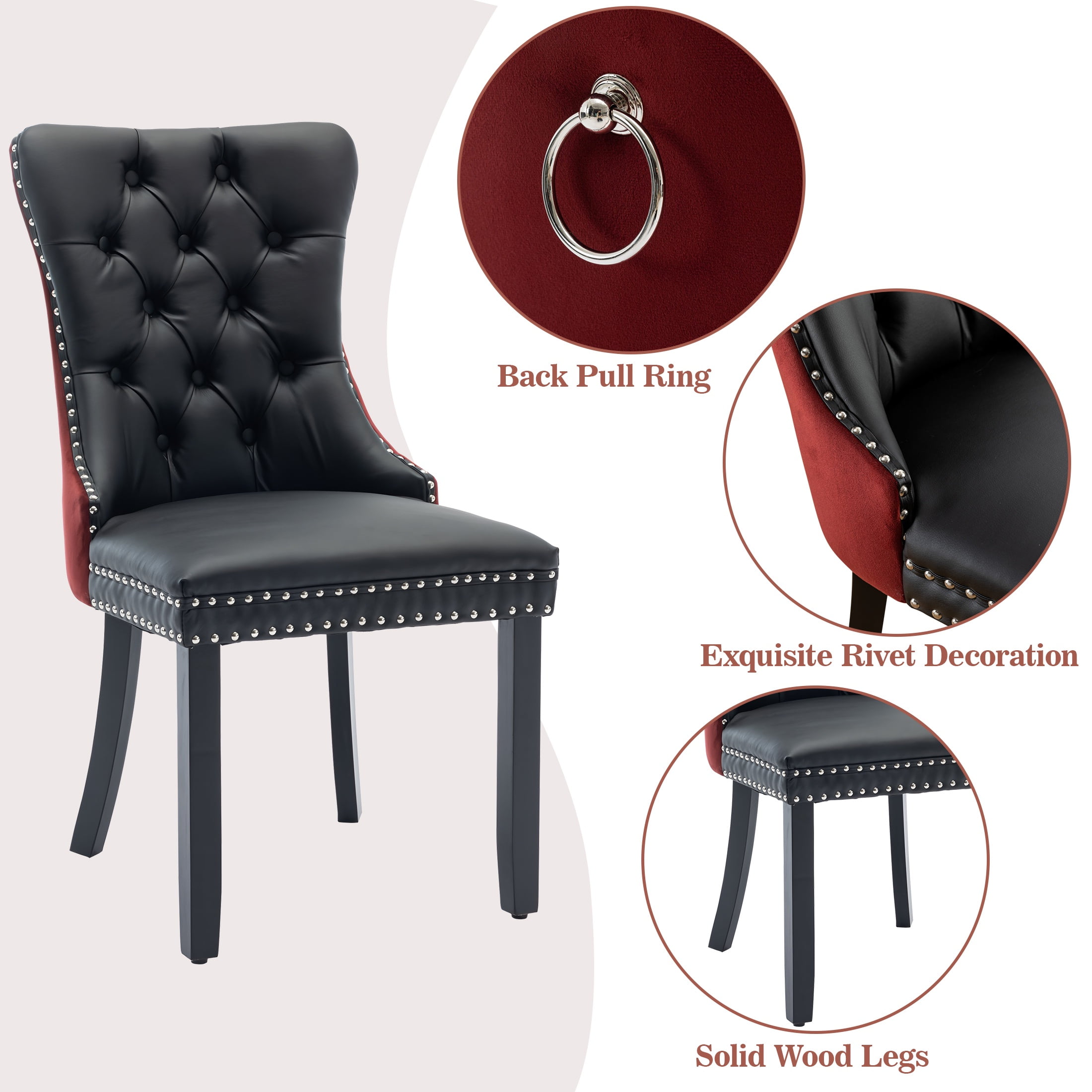 PORKISS Dining Chairs Set of 2, Modern Wood and PU Dining Room Chair with Back Ring and Nailhead Trim, Upholstered Tufted Velvet Chair with Wood Legs for Kitchen, Black/Wine Red