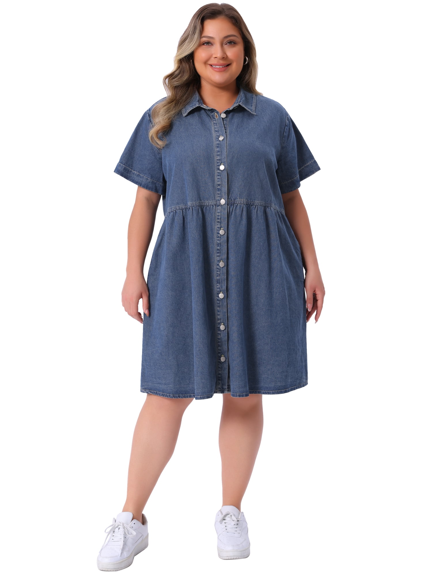 DARING DIVA Women's Plus Size Casual Denim Babydoll Pockets Dress 3X Gray Blue