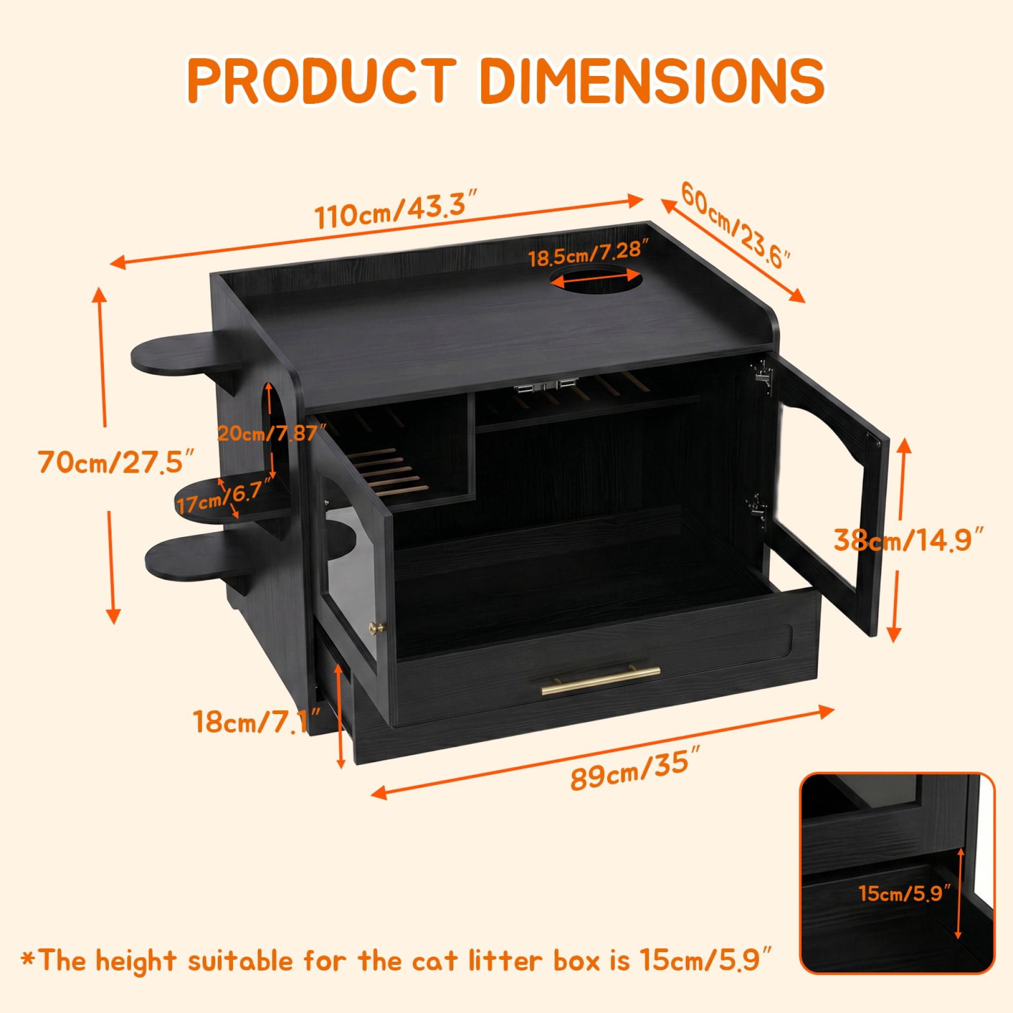 HOQBN Cat Litter Box Enclosure Furniture, Dog Proof Hidden Litter Box Cabinet with Acrylic Door, Extra Long Runway & Storage Drawer, Indoor Cat Play Area Black