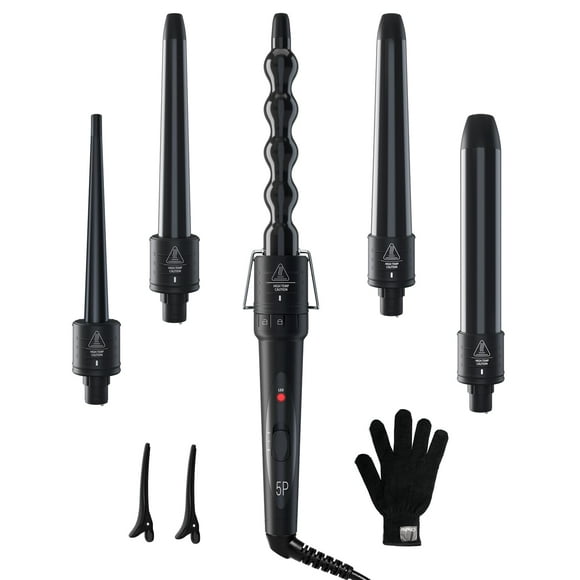 Juego de varitas rizadoras 5 en 1: varita rizadora Ohuhu, 5 piezas de 0,35 a 1,25 pulgadas, barril de cerámica intercambiable, guante protector contra el calor, 2 clips, rizador de pelo de doble volta