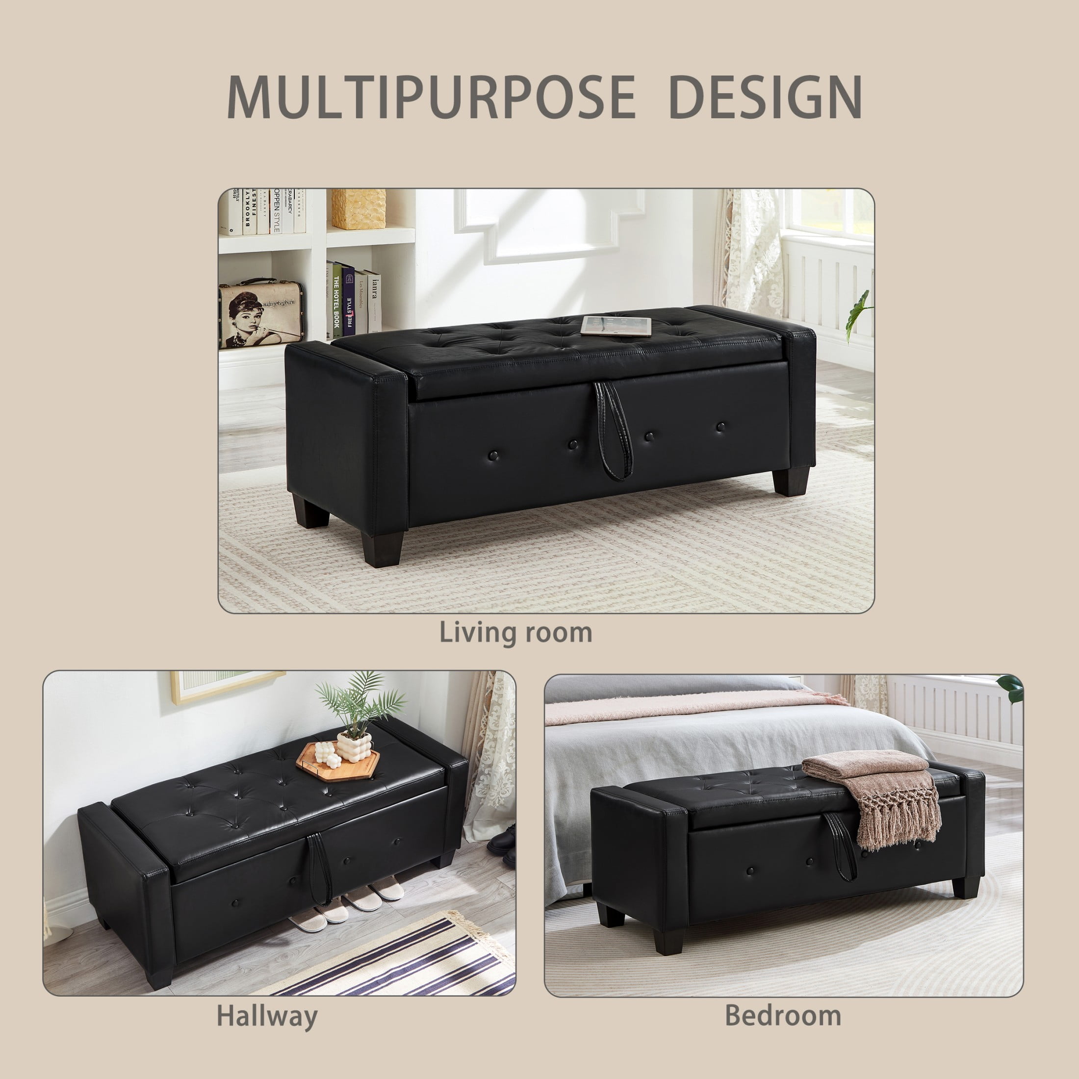 Aukfa 48" Storage Ottoman Bench with Safety Hinges, Upholstered Tufted Faux Leather Bench for Bedroom, Living Room & Entryway, Black