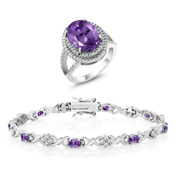 Gem Stone King 11.59 Ct Oval Purple Amethyst 925 Sterling Silver Ring and Bracelet Jewelry Set (Size 9)